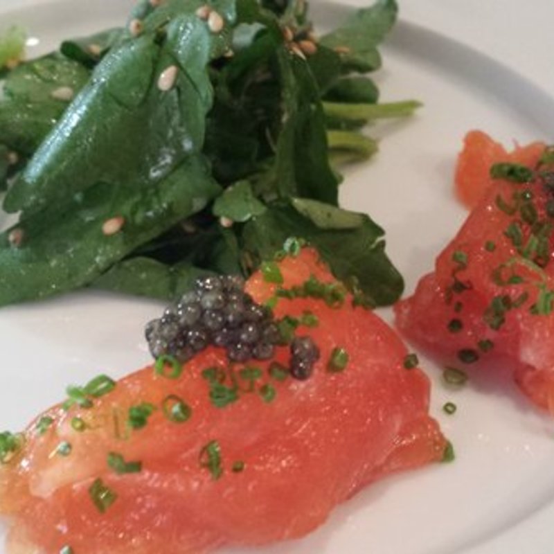 Sea Trout Carpaccio with Black Truffle Sea Salt, Chive, and Caviar, Served with Watercress with Miso Mustard Sauce and Sesame(Soto)