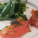 Sea Trout Carpaccio with Black Truffle Sea Salt, Chive, and Caviar, Served with Watercress with Miso Mustard Sauce and Sesame