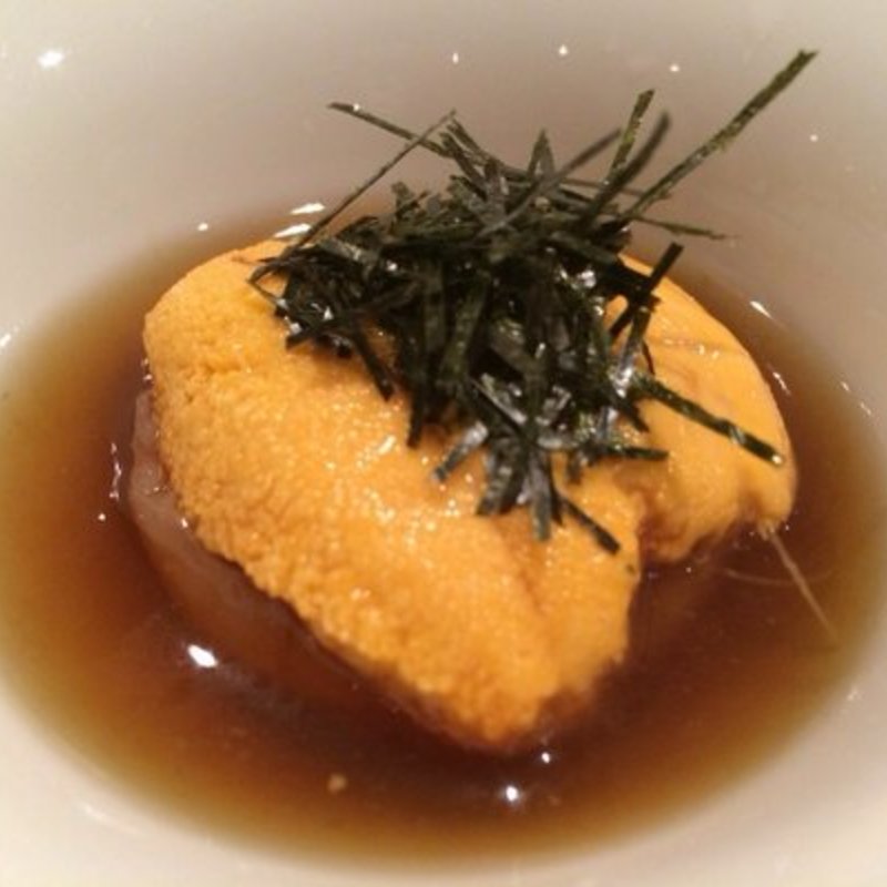 Botan Ebi carpaccio topped with Uni(Soto)
