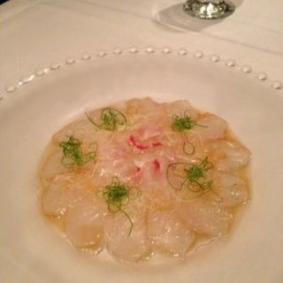 Shima Aji Carpaccio withTruffle Ginger Soy Sauce, Fresh Ginger, and Scallion(Soto)