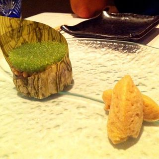 Kampachi tar tare with wasabi tobiko, pine nuts and soy foam(Soto)