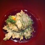 Shiso leaf wrapped fluke tempura in ponzu