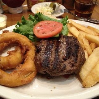 Burger, fries, and funnel cake inspired onion rings(JUNIOR'S RESTAURANT)
