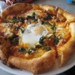 pork belly sausage and fried egg pizza