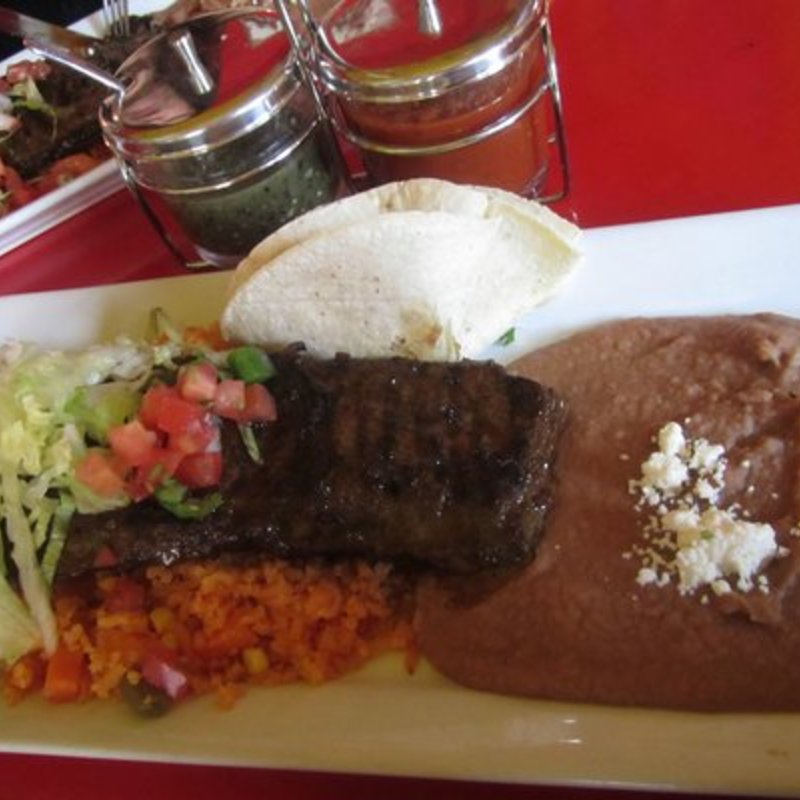 Entrana Platter 150g of entrana (skirt steak) with rice, beans, & salad(Tortilleria Nixtamal)