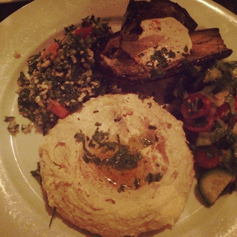 Mixed Platter - tabouli, eggplant & tahini, hummus, arabic salad(Cafe Mogador Williamsburg)