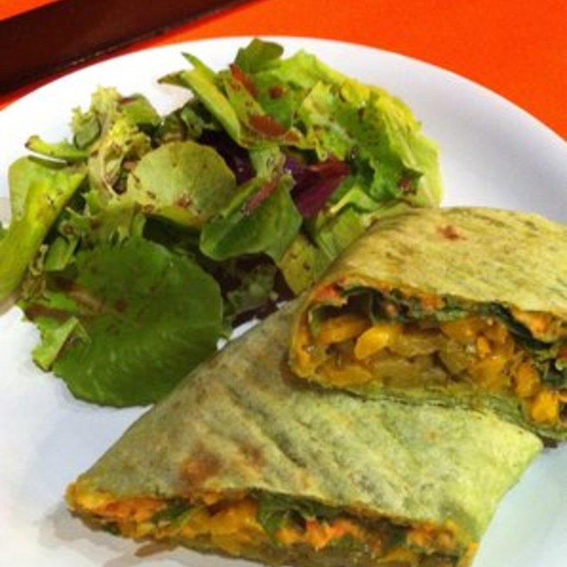 Grilled veggie hummus and goat cheese wrap(Kissaten Coffee Bar)