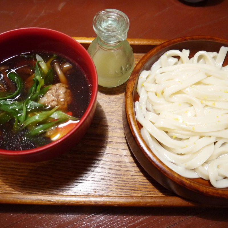 鴨ときのこ、九条ネギのつけうどん(おめんNIPPON （おめんにっぽん）)