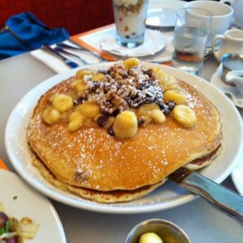 Pancakes with bananas chocolate and walnuts(Mac 24/7)