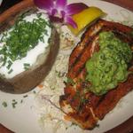 opa special with avocado salsa and baked potato