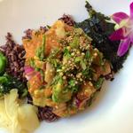 Salmon spicy shoyu poke bowl 