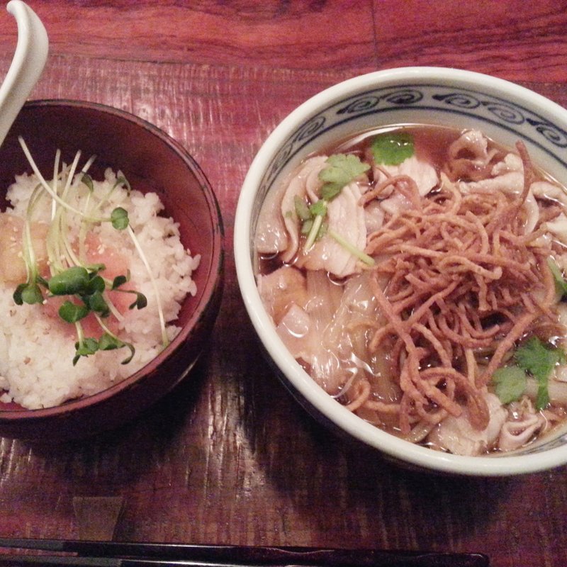 豚ばら肉ときざみ葱の生姜あんかけそばと明太子おろしご飯(松玄 恵比寿)
