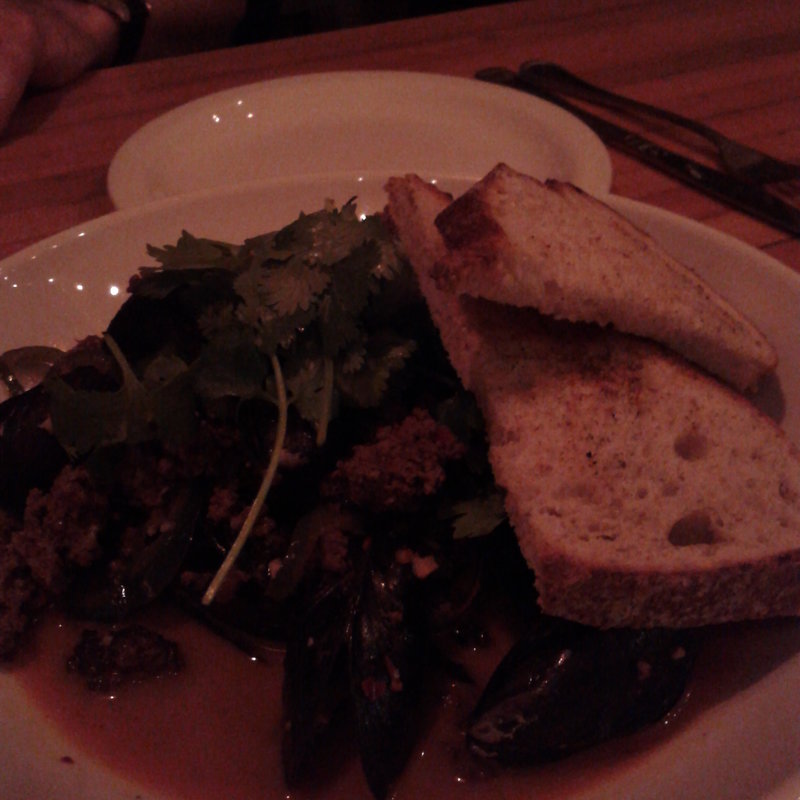 Pan roasted black mussels, Mexican chorizo, market chili & cilantro(Starbelly)