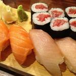 Tekka maki, salmon and hamachi nigiri