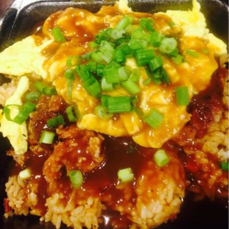 50/50 bacon loco moco with fried rice(Shore Fyre Fresh Grill )