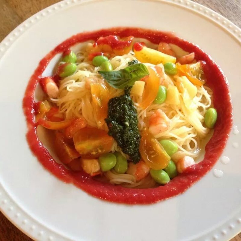 枝豆とソーセージの冷製パスタ(茶屋雨巻)