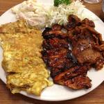 Combo! Meat jun, spicy chicken, and spicy pork.