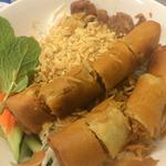 Rice Vermicelli with BBQ Pork and Crispy Spring Rolls