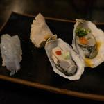 Blue Shrimp & Jumbo Clam Nigiri, with Raw Oysters