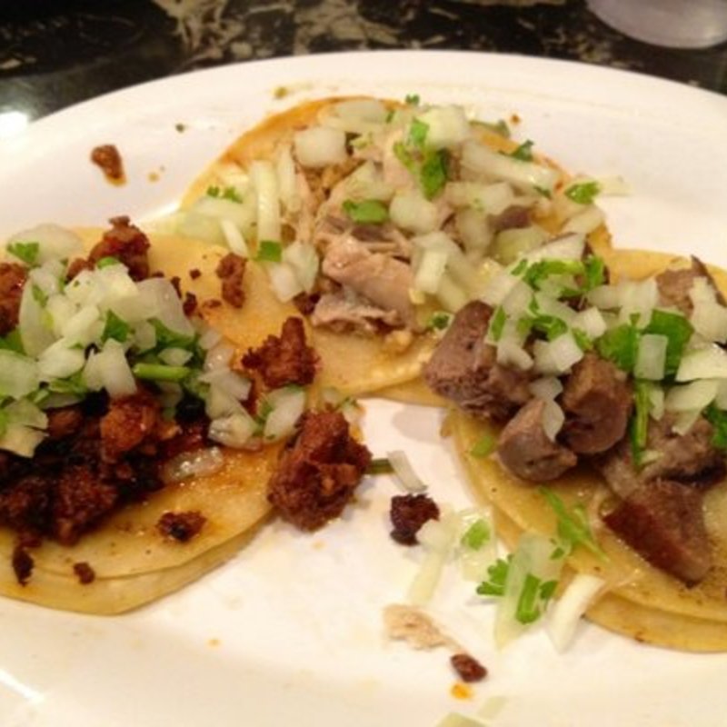 Al pastor, pollo, y lengua tacos(Lucy’s Taqueria)