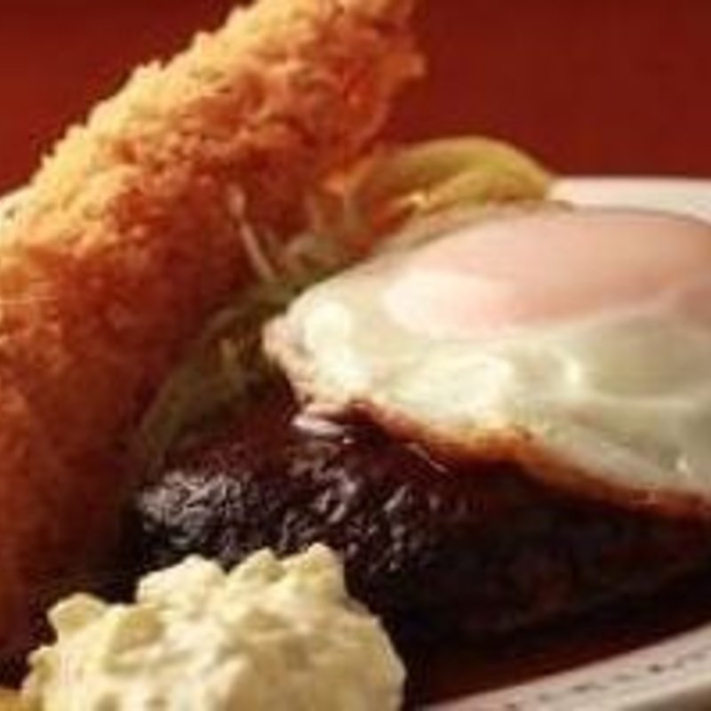 自家製ハンバーグ エビフライのっけ(キッチンパンチ)