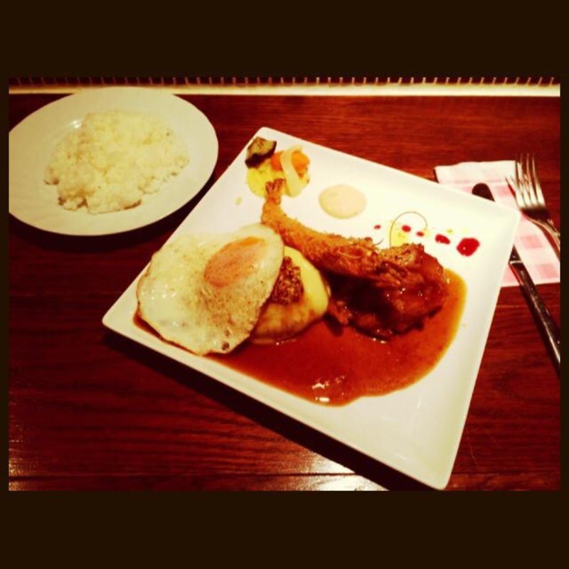 BBQマスタードのせハンバーグ・海老フライ・カニクリームコロッケ(キッチン ハセガワ （Kitchen Hasegawa）)