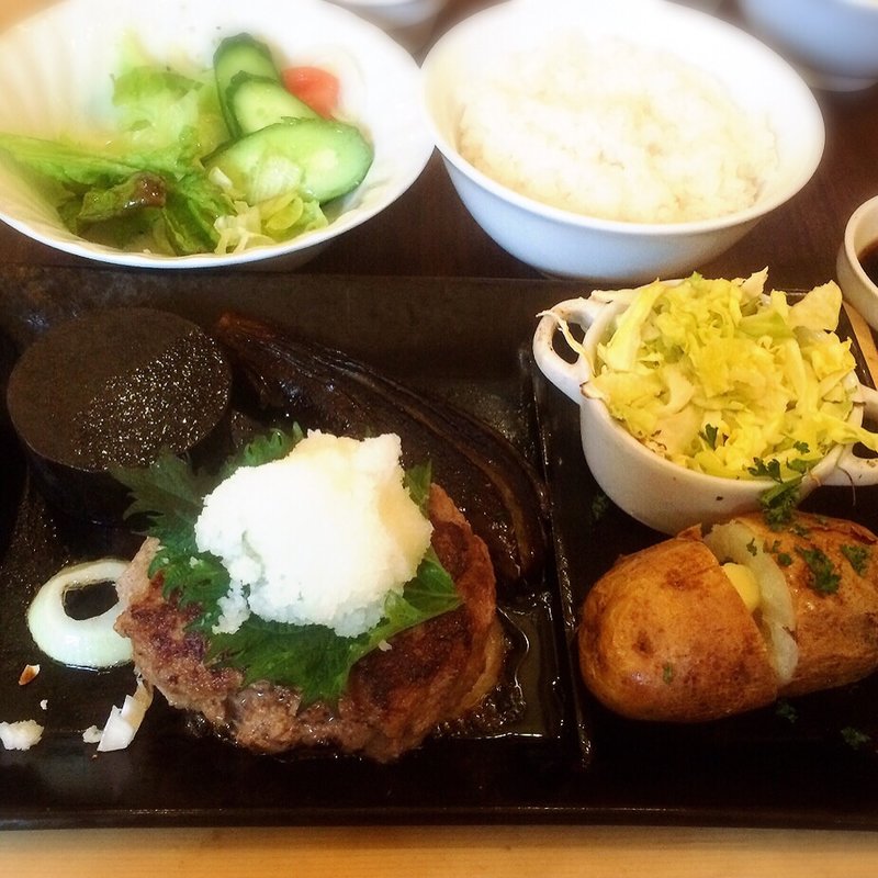 しまざき壮健牛100％レアハンバーグステーキランチ C　SET (お惣菜と煎餅もんじゃ さとう)