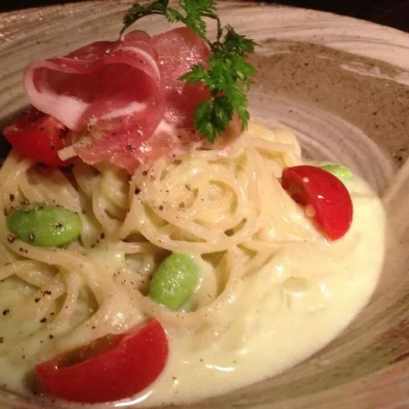 生ハムと枝豆の冷製グリーンパスタ(すず)