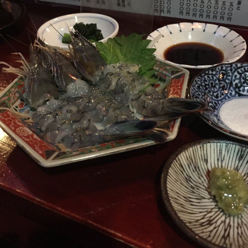 天使のえびのお刺身(心斎橋 極上鍋で作る活オマール海老のハーブ蒸し 貝と海老そして蟹)