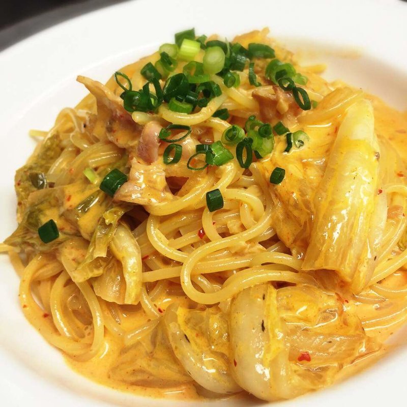 キムチとベーコンのコリアンクリームパスタ(フダンカフェ （fudan　ｃａｆｅ）)