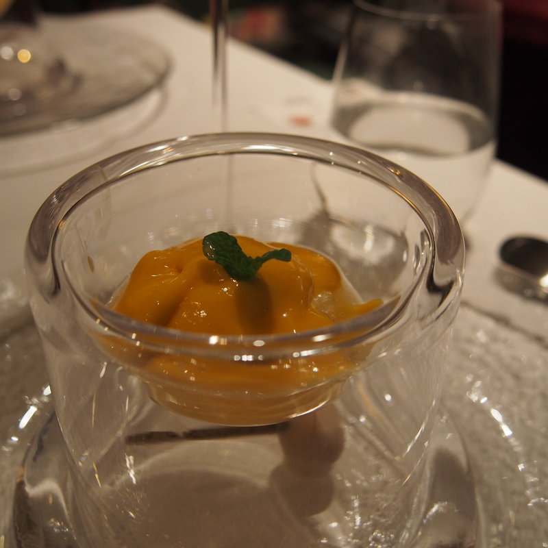 白ワインジュレをしき、パッションフルーツとマンゴーの 　　ババロアのソースをまとったシークワサーソルベ 　　ハイビスカスのホワイトショコラ(ふらんす料理オステルリーラベイ)