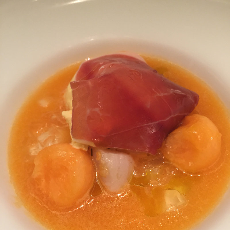 赤肉メロンとチーズ、生ハムとホタテのスープ(キハチ 名古屋JRセントラルタワーズ)