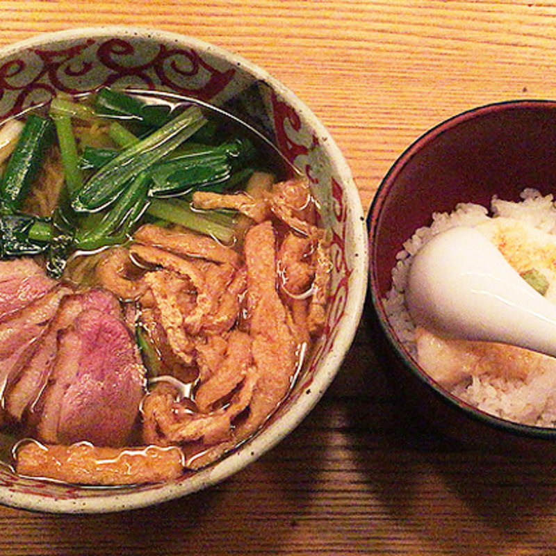 鴨と九条葱のきざみきつねそば＆とろろご飯(松玄 恵比寿)