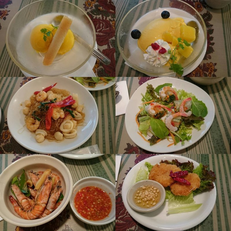 ゆで海老、生春巻き、春雨、海老さつま揚げ、マンゴプリン、マンゴシャーベット(Coca restaurant)