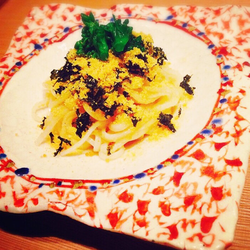 からすみと菜の花の稲庭うどん(日本料理 晴山)