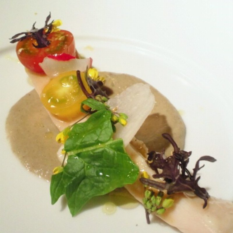 しっとり仕上げた若鶏のサラダ仕立て　ゴボウのピューレ(カリフォルニアワインガーデン)