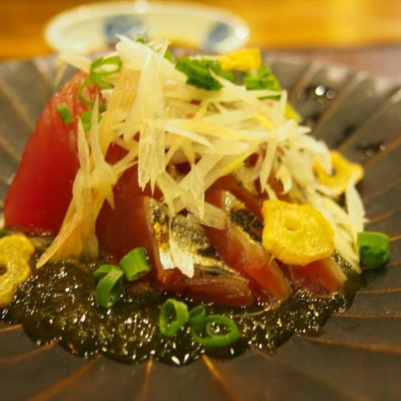 あいなめ、白いか、鰹、雲丹、土佐醤油(日本橋 逢坂)