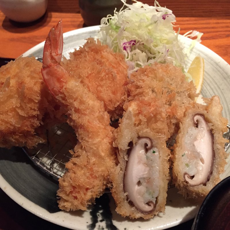 とろーり蟹クリームコロッケと天使のエビフライ 椎茸海老心情御前(串揚げ 串亭 新宿代々木)