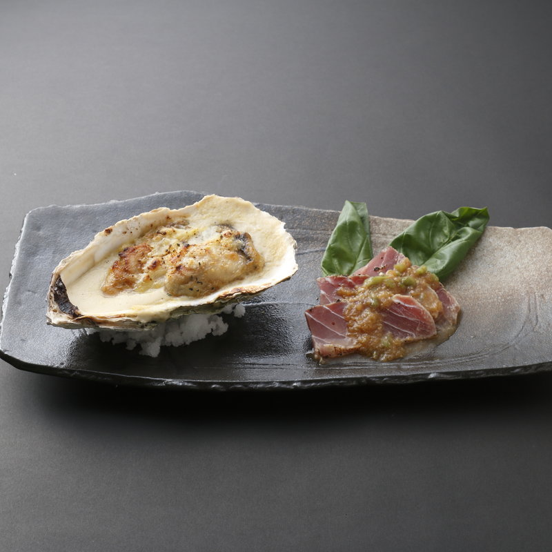 牡蠣グラタン　まぐろの山葵漬け(魚竹 麻布十番店)