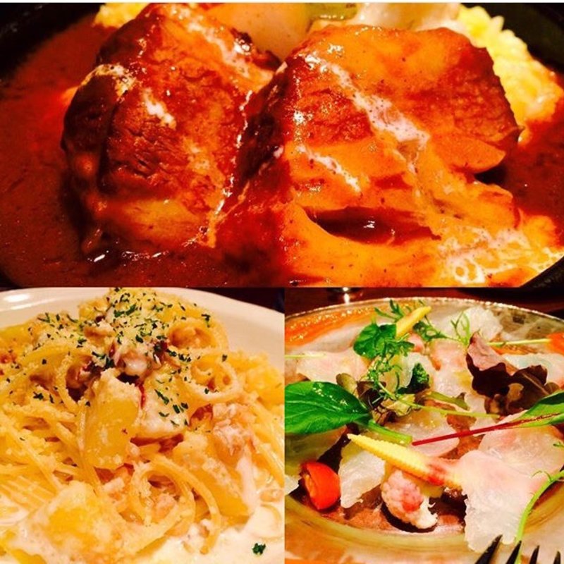 ビーフシチュー、クリームパスタ、カルパッチョ(ダイニングバーオセロ)