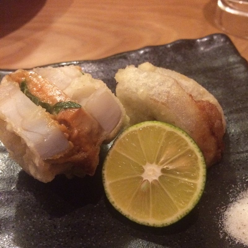 あん肝のレンコンはさみ揚げ(天我者)