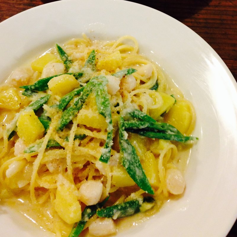 じゃがいもとホタテときぬさやのペペロンチーノ(menu)