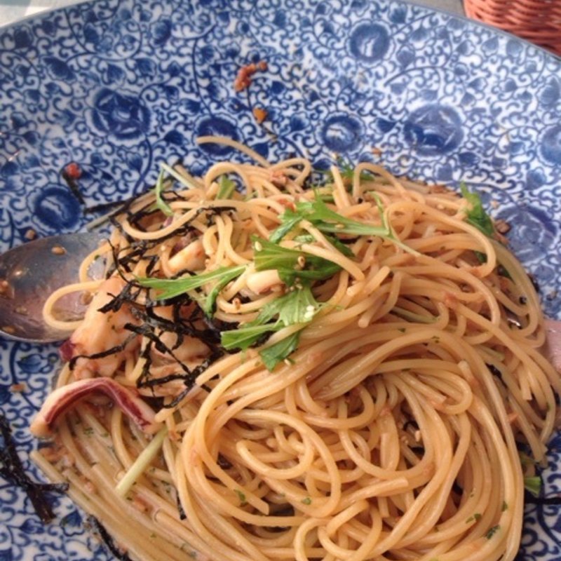 タコとイカの和風ペペロンチーノ醤油風味(元祖にんにくや)