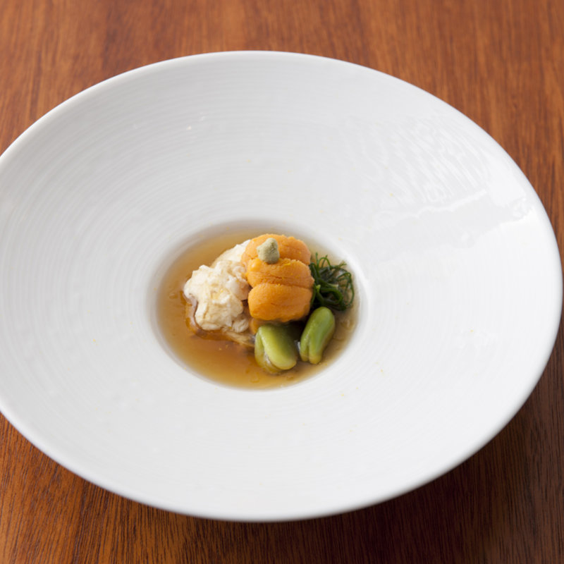 雲丹とゆば　蚕豆のあんかけ(麻布淺井)