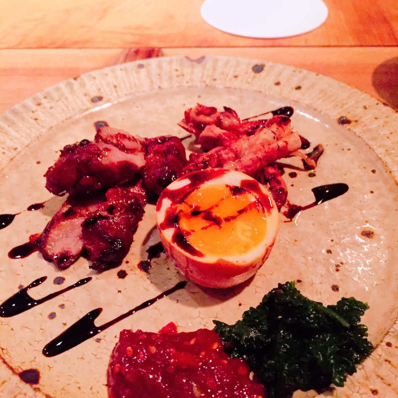 三種盛り 合鴨鶏セセリ半熟卵(食幹 渋谷)