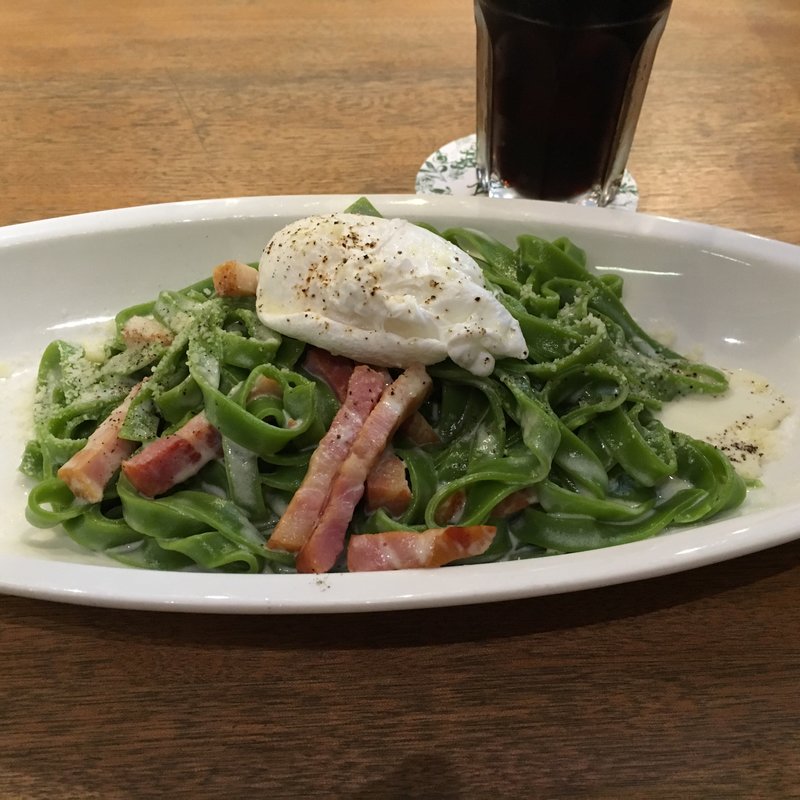 ポーチドエッグと燻製厚切りベーコンのフェットチーネカルボナーラ(パンケーキ専門店 バター 江坂 （パンケーキ専門店 Butter）)