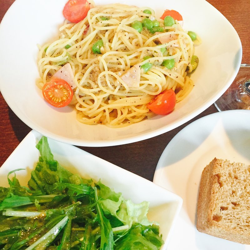 ロースハム、プチトマト、枝豆のスパゲッティ(EHバンク)