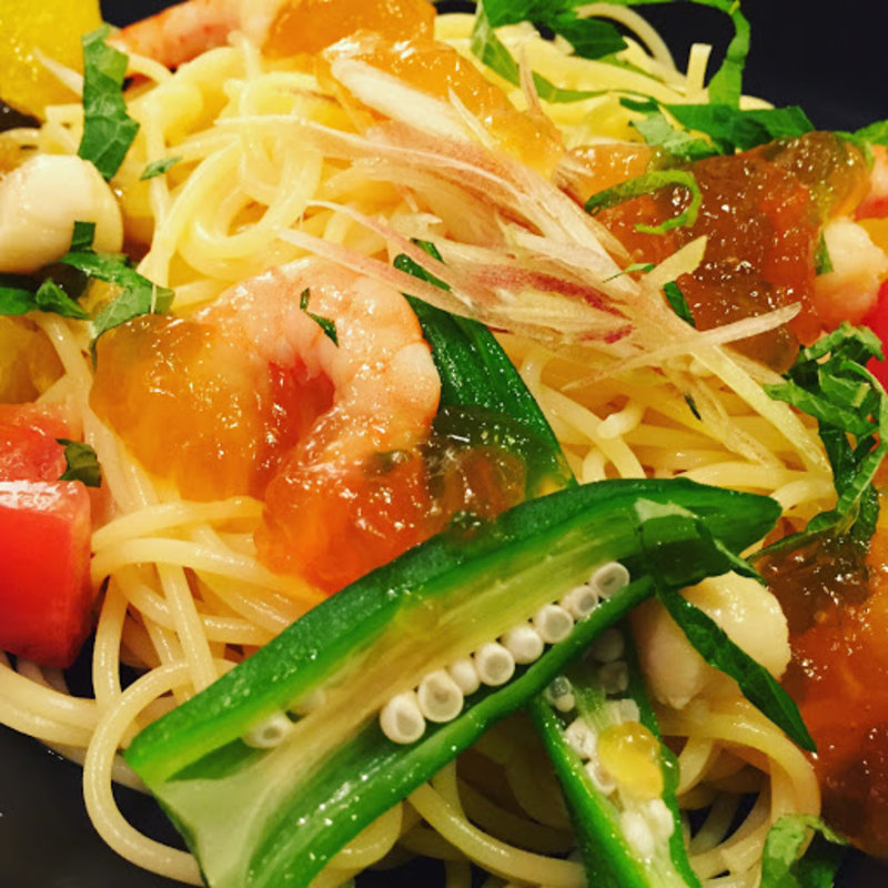 かき氷ぱすた 夏野菜と海老 おだしのジュレ添え(こなな 阪急三番街店)