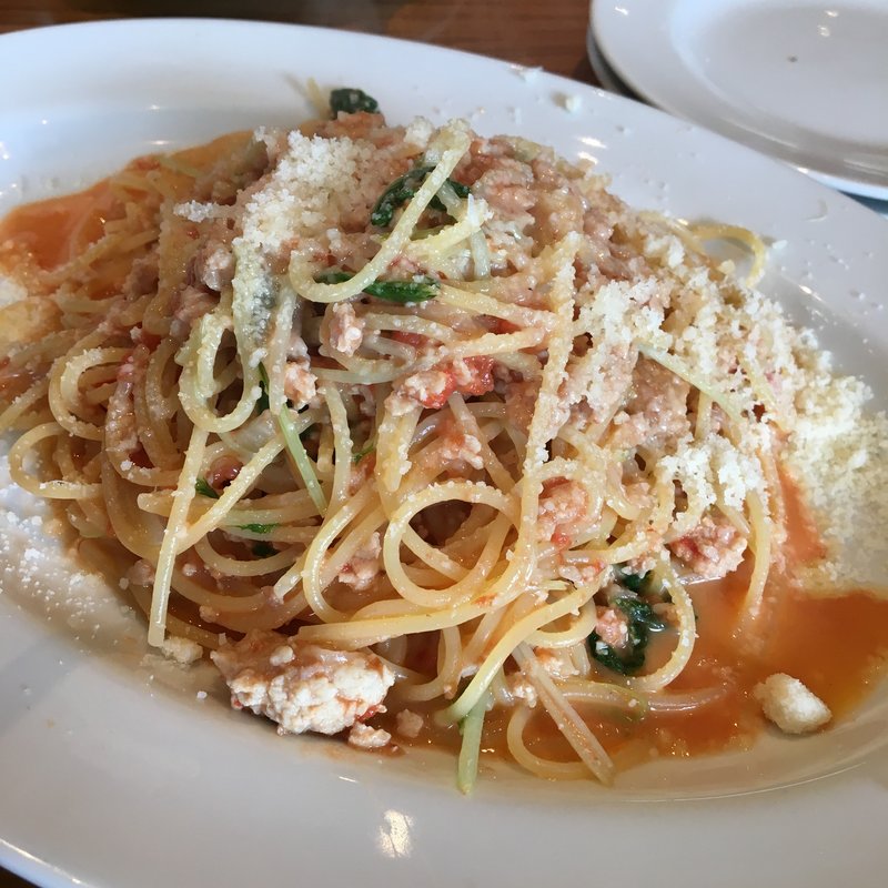 鳥ひき肉と水菜のトマトクリームスパゲッティーニ(エノテカ・ドォーロ・オンニ・ジョルノ)