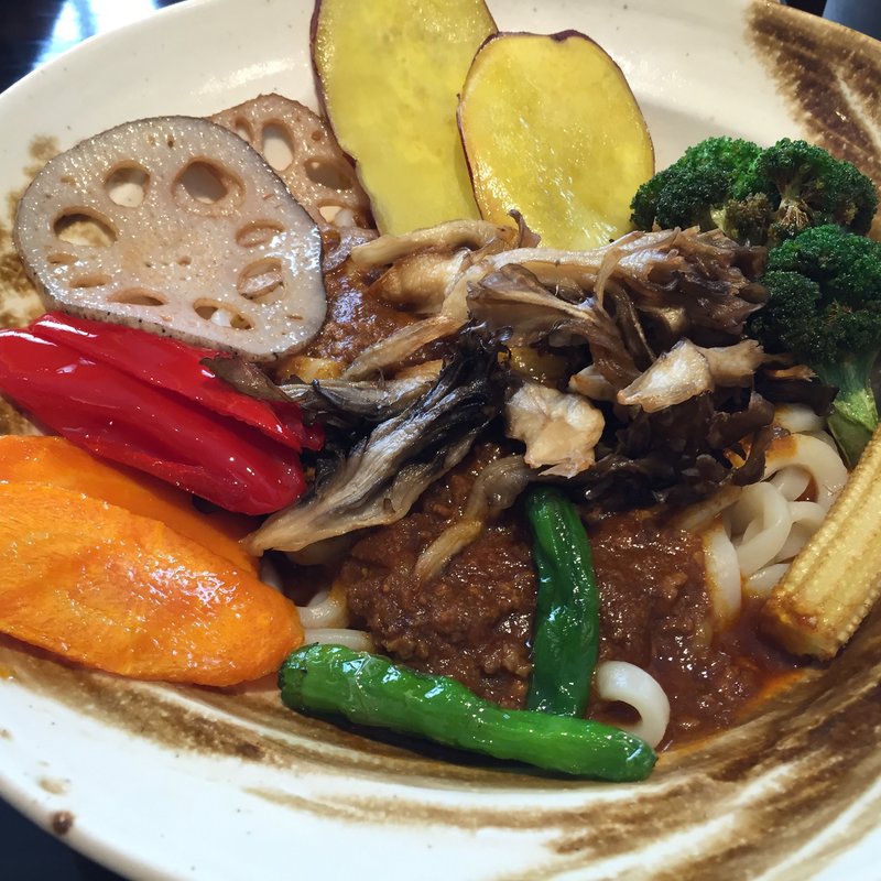 キーマカレーうどん＋揚げ野菜トッピング(游喜庵(遊喜庵) 伊香保店 （ゆうきあん）)